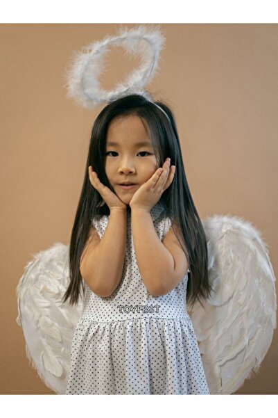 TOYFEST 2 Parçalı Beyaz Tüylü Melek Kanadı Ve Ortişli Melek Hare Taçlı Parti Kostümü Seti - (3-10 YAŞ ARASI)
