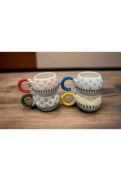 İZart 4-Piece Bubble Mesh Handle Bottom Striped Patterned Special Embossed Hand-Embroidered Ceramic Mug