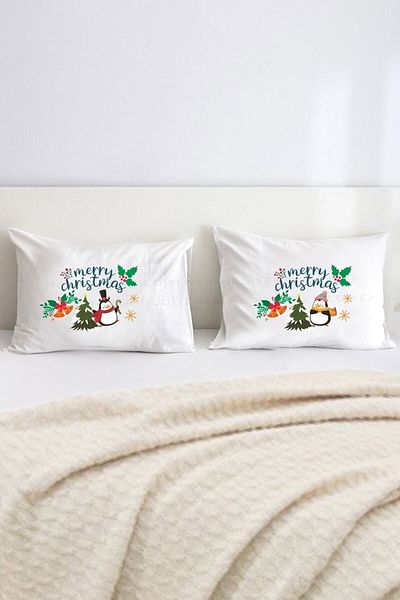 Hediyenza New Year Mery Christmas Penguins Double Decorative Pillow Case 50x70 Cm - White