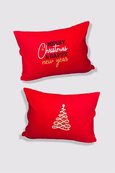 Hediyenza Mery Christmas and Happy New Year Gift Double Decorative Pillow Case 50x70 Cm - Red