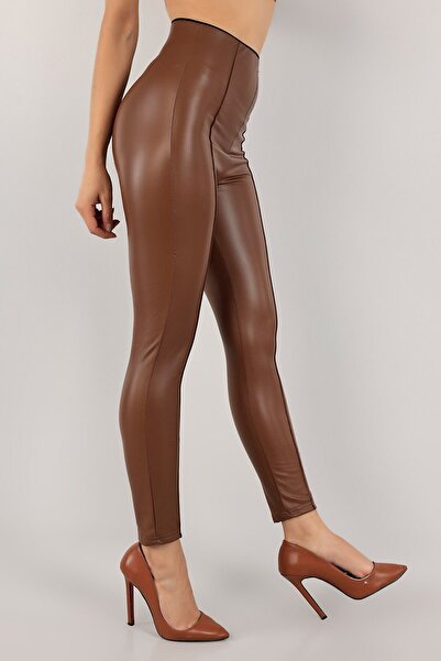 KAŞİHA Taba Içi Polarlı Full Esnek Çimalı Tayt Deri Pantolon 90 Cm