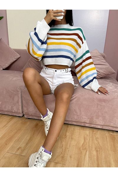 Dier Moda Dier Moda - Thick Striped Thessaloniki Knit Crop Women's Sweater