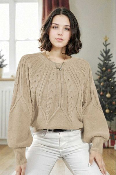 hanope Crew Neck Hair Knitted Patterned Stone Knitwear Knitted Sweater