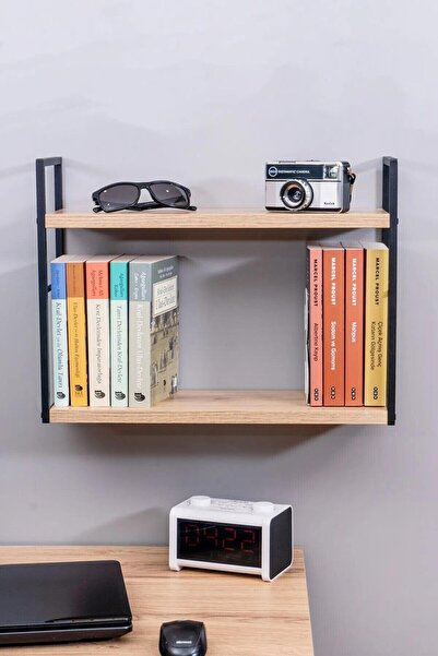 Home Metal Ahşap Duvar Rafı Duvara Monte 2 Raflı Kitaplık Çalışma Odası Modern Masa Üstü Kitaplık
