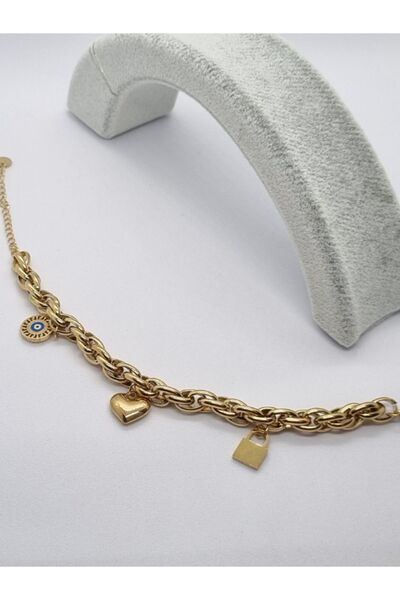 Brassito Kadın gold kalın zincir sallantılı çelik bileklik künye %100 çelik