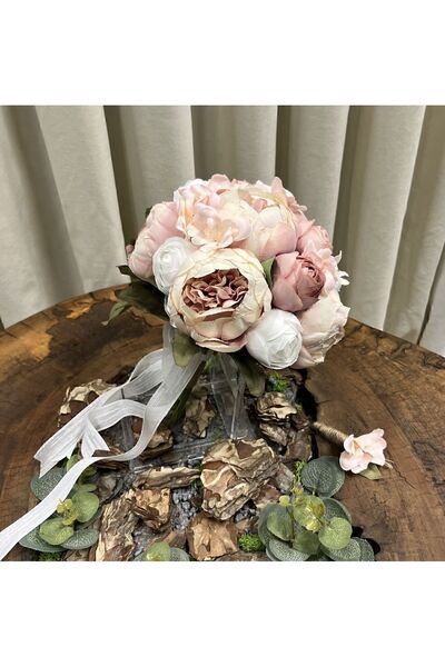 Pika Pembe Beyaz Şakayıklı Gelin Çiçeği - Gelin Buketi- Damat Yaka Çiçeği- Ya...