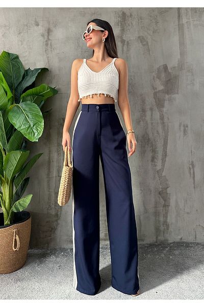 EVAN EVA Women's Navy Blue Side Striped Wide Leg Palazzo Trousers