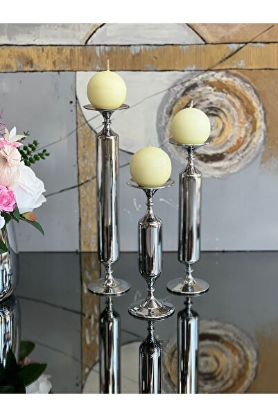 ArzzHome 3 Lü Angel Cam Mumluk & Şamdan Gümüş Titanyum + Krem Mum