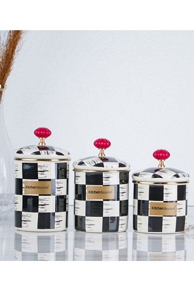 Zücev Acar Kitchen Beyond Checkerboard Pattern Black-cream Enamel 3-Piece Jar Storage Spice Set 0516