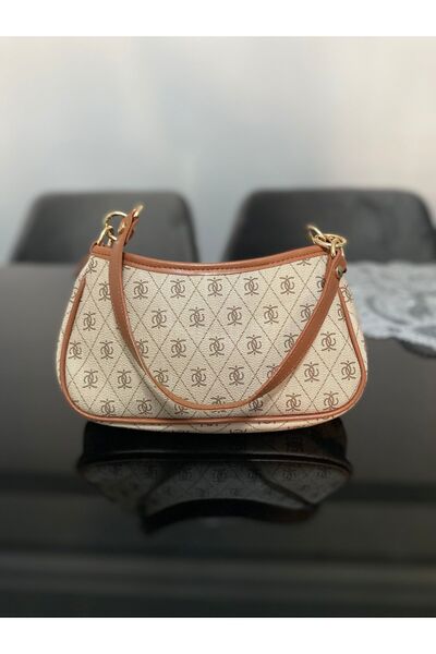 Symbol - Bej Taba Tekstil Kumaşı Tek Gözlü Desenli Fermuarlı Ayarlanabilir Askılı Çapraz Çanta
