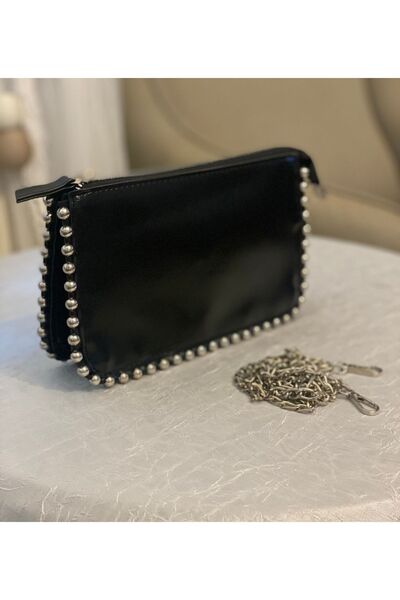 Bagliore Sparkling - Siyah Vegan Deri 3 Gözlü Fermuarlı Gümüş Zincir Askılı Z...