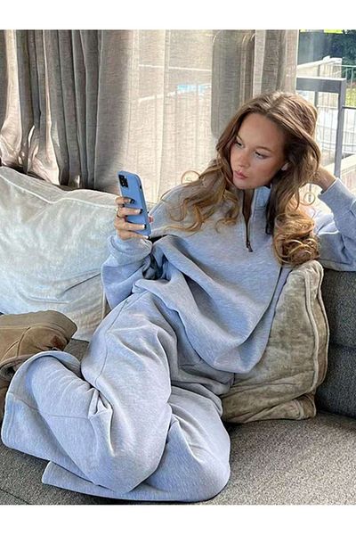 BukuriCO Women's Half Zipper Gray Bottom Top Set Sweatshirt Tracksuit Set