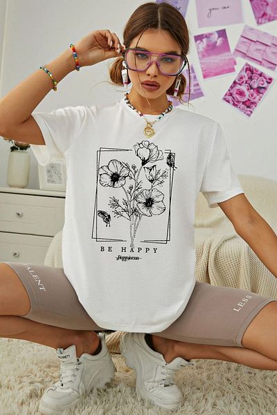 uyguntarz Μπλουζάκι Unisex Be Happy με στάμπα μεγάλου μεγέθους