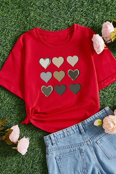 uyguntarz Baumwoll-T-Shirt mit Herz-Print für Kinder
