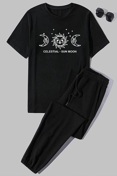 uyguntarz 2-teiliges Unisex-Trainingsanzug-Set mit Sonnen- und Mond-Aufdruck