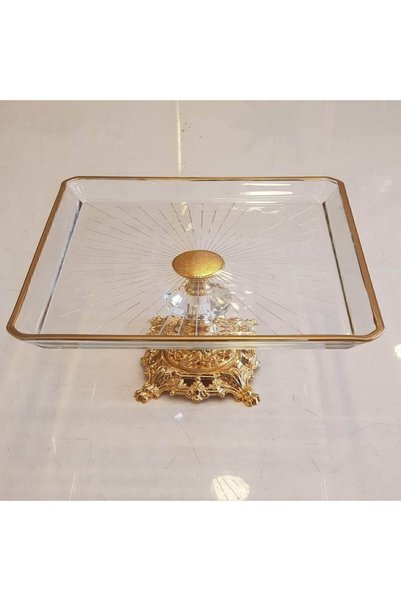atabey home Döküm Ayaklı Yaldız Detaylı Kare Servis Tabağı Altın