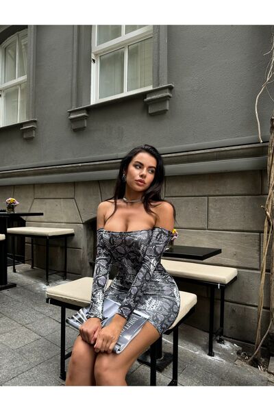 joshua Γυναικείο μακρυμάνικο φόρεμα στράπλες με σχέδιο φιδιού