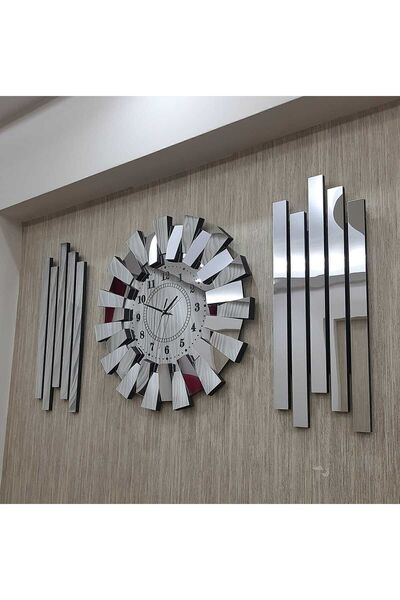 TUĞBArt 3 boyutlu piyano model Lambiri yan dekor Gümüş Aynalı Türk rakam 3lü duvar Saati