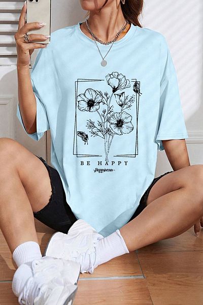 uyguntarz Μπλουζάκι Unisex Be Happy με στάμπα μεγάλου μεγέθους