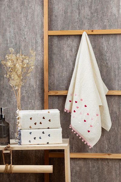 Elaganya Pompom Detailed Embroidered 3-Piece Towel Set, Hand and Face Towel, 50X90 cm
