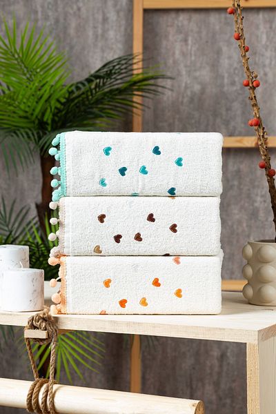 Elaganya Pompom Embroidered 3-Piece Towel Set, Hand and Face Towel, 50X90 cm