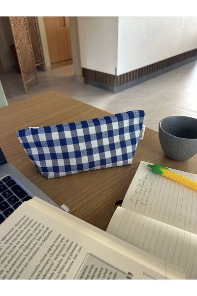 sumicorn Saks Pötikareli Yıkanabilir Fermuarlı Tek Gözlü Bez Kalemlik Kalem Kutusu Cüzdan Makyaj Çantası