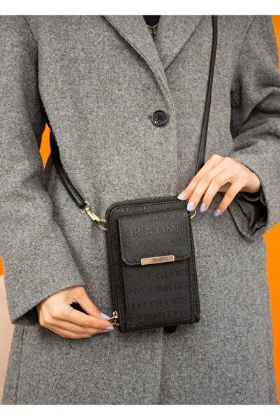 selma demir Castel Kadın Siyah Çapraz Askılı Telefon Bölmeli Cüzdan Çanta
