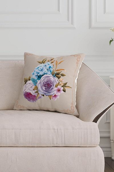 Sakallı Beige Background Blue Yellow Flower Patterned 4-Piece Combination Digital Printed Decorative Throw Pillow Cover