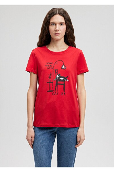 Mavi Kedi Baskılı Kırmızı Tişört Slim Fit / Dar Kesim 1612390-82054