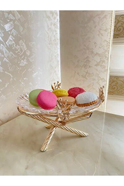 İmren Collection Gold Renk Japon Gülü Tek Katlı Cam Tabaklı Sunumluk 1 Adet