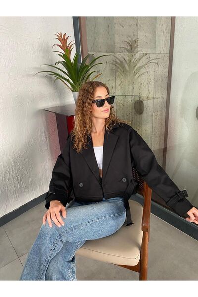 Niceboutique Oversize Düğme Detaylı Belden Kuşaklı Siyah Kısa Trençkot