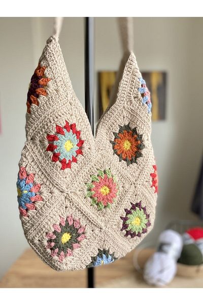 Masal Örgü Evi Geantă de umăr pentru femei, tricotată manual, colorată de poveste