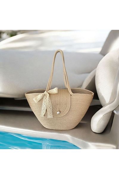 Bohemahomedecor Μπεζ ψάθινη καθημερινή τσάντα παραλίας
