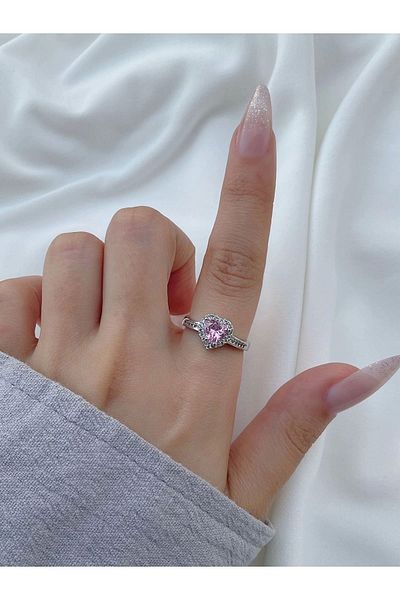 Eylülün Takısı Silver Colored Pink Stone Heart Model Women's Ring