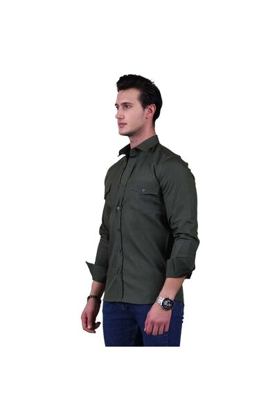 Exve Exclusive Emerald Green Flared Woven Solid Color Slim Fit Western Shirt with Double Pocket Flaps