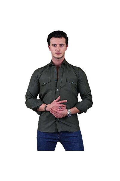 Exve Exclusive Emerald Green Flared Woven Solid Color Slim Fit Western Shirt with Double Pocket Flaps