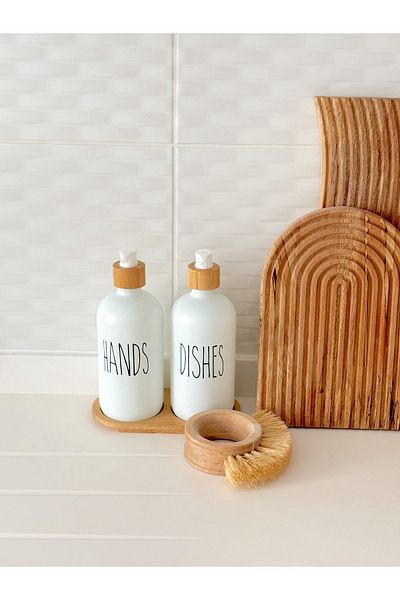 Minika Home Σετ 2 Γυάλινες Σαπουνιέρες με Λευκό Μπαμπού Βάση / Πιάτα Χεριών
