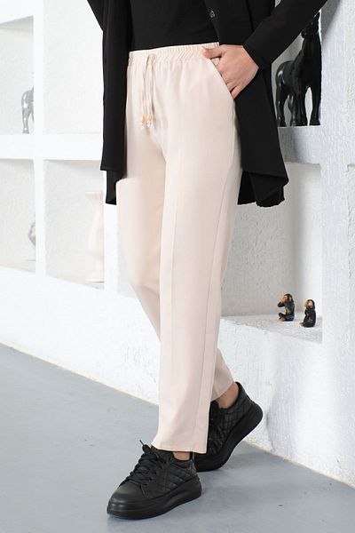 İmajButik Beige Elastic Waist Ankle Length Trousers