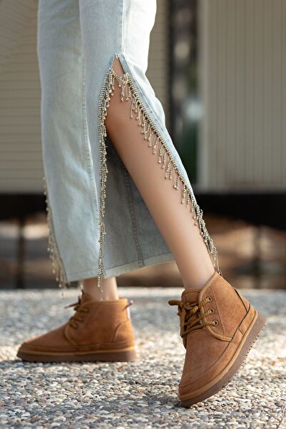 SEEM & BE Lily Alçak Taban İçi Kürklü Süet Bağcıklı Yarım Taba Kadın Bot