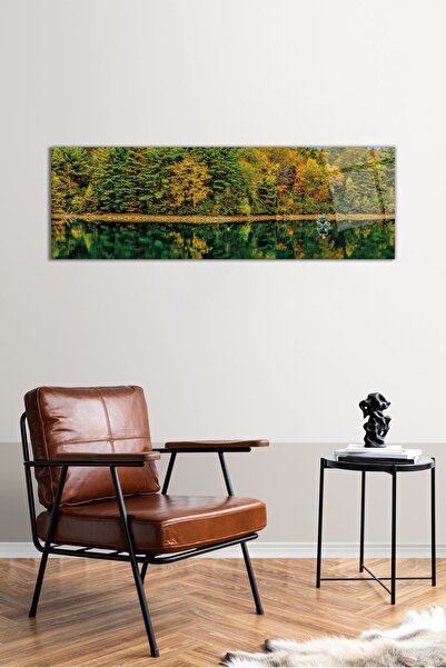 Vosevu Göl Kenarında Sarı Orman Panoramik Cam Tablo, Modern Ev ve Ofis Dekor, Hediyelik Duvar Dekorasyonu