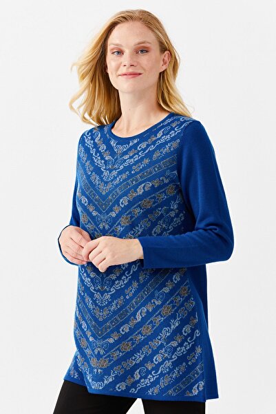 Desen Triko Pulover lung pentru damă, cu gât roșu, în față, cu modele florale, S.albastru