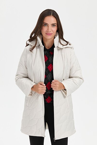 Desen Triko Polo Collar Leaf Patterned Women's Quilted Coat - Ecru with Snap Fasteners