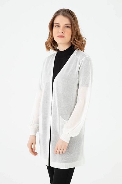 Desen Triko Cardigan lung din tricot simplu pentru femei Ecru