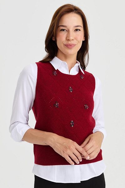Desen Triko Women's Zero Collar Front Checkered Links Wool Sweater V.Red