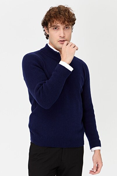 Desen Triko Ανδρικό μάλλινο πουλόβερ με μισό ζιβάγκο με φερμουάρ Y.A Navy Blue