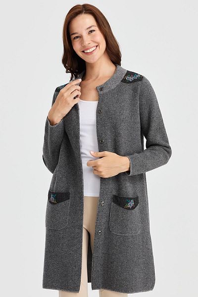 Desen Triko Women's High Collar Shoulder and Pocket Embroidered Long Wool Coat Smoked