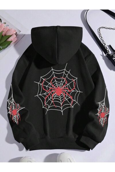 SeusCraft Örümcek Kol Detay Kalın Kışlık Sweatshirt - Siyah Baskılı Oversize ...