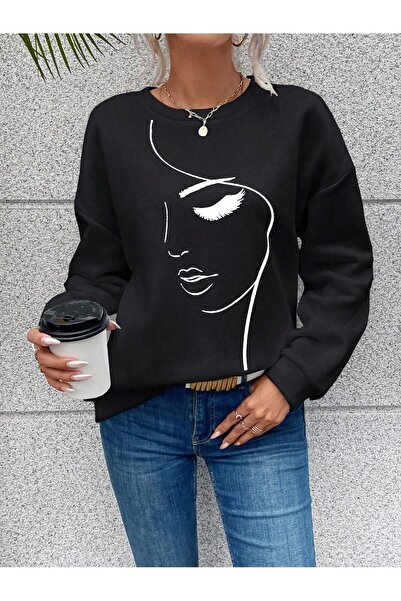 SeusCraft Yüz Desen Kışlık Sweatshirt - Siyah Baskılı Oversize Şardonlu Bisiklet Yaka