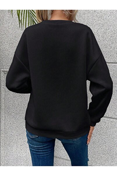 SeusCraft Yüz Desen Kışlık Sweatshirt - Siyah Baskılı Oversize Şardonlu Bisiklet Yaka