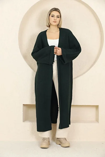 ORZUQLIFE V-Neck Folded Wide Long Sleeve Self-Textured Thick Full Ankle Length Winter Comfortable Knitwear Cardigan